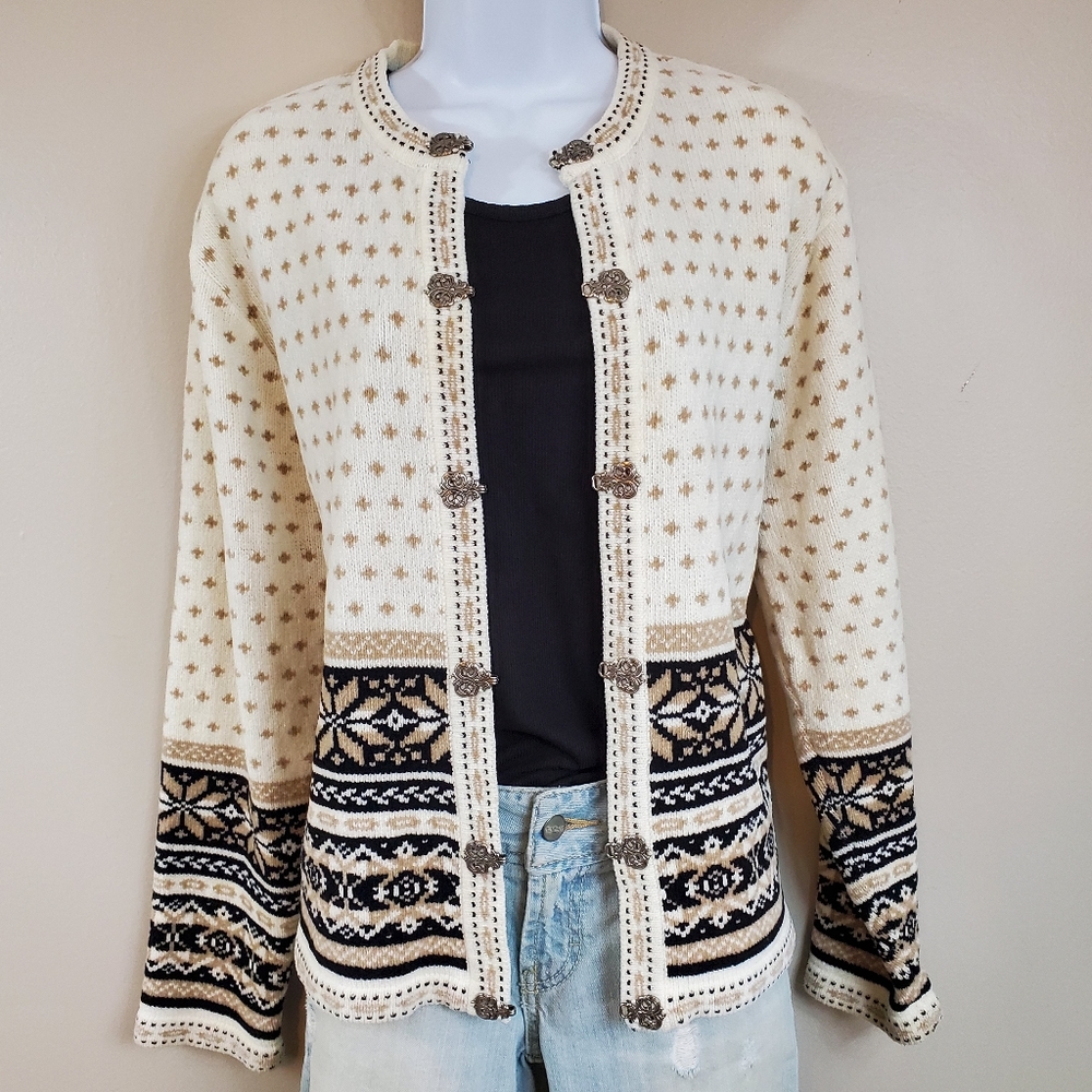 Croft & Barrow Fair Isle Cardigan Sweater with Art Deco Silver Clasps